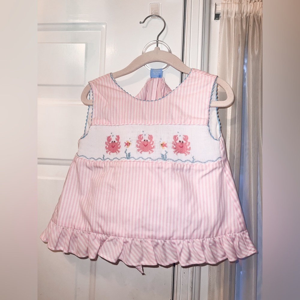 Anavini Girls Pink Striped Hand Smocked Crabs Bloomers Set - 18mos
